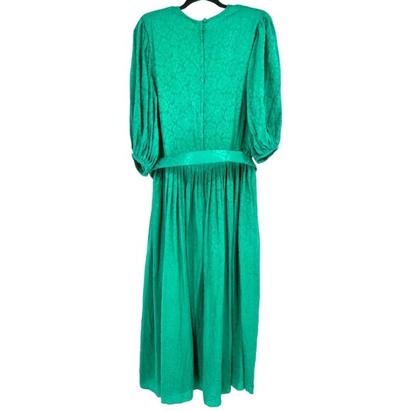 Vtg Garfinckels Green Silk Dress 80s Womens 6 Jacquard Print Puff Sleeve Pleated - Picture 2 of 12